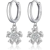 Reffeer Solid 925 Sterling Silver CZ Flower Drop Hoop Earrings for Women Girls Flower Huggie Earrings Drops for Summer Spring