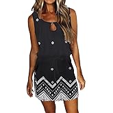Womens Summer Causal Loose Sleeveless Crew Neck Drawstring Waist Mini Short Dress with Pockets