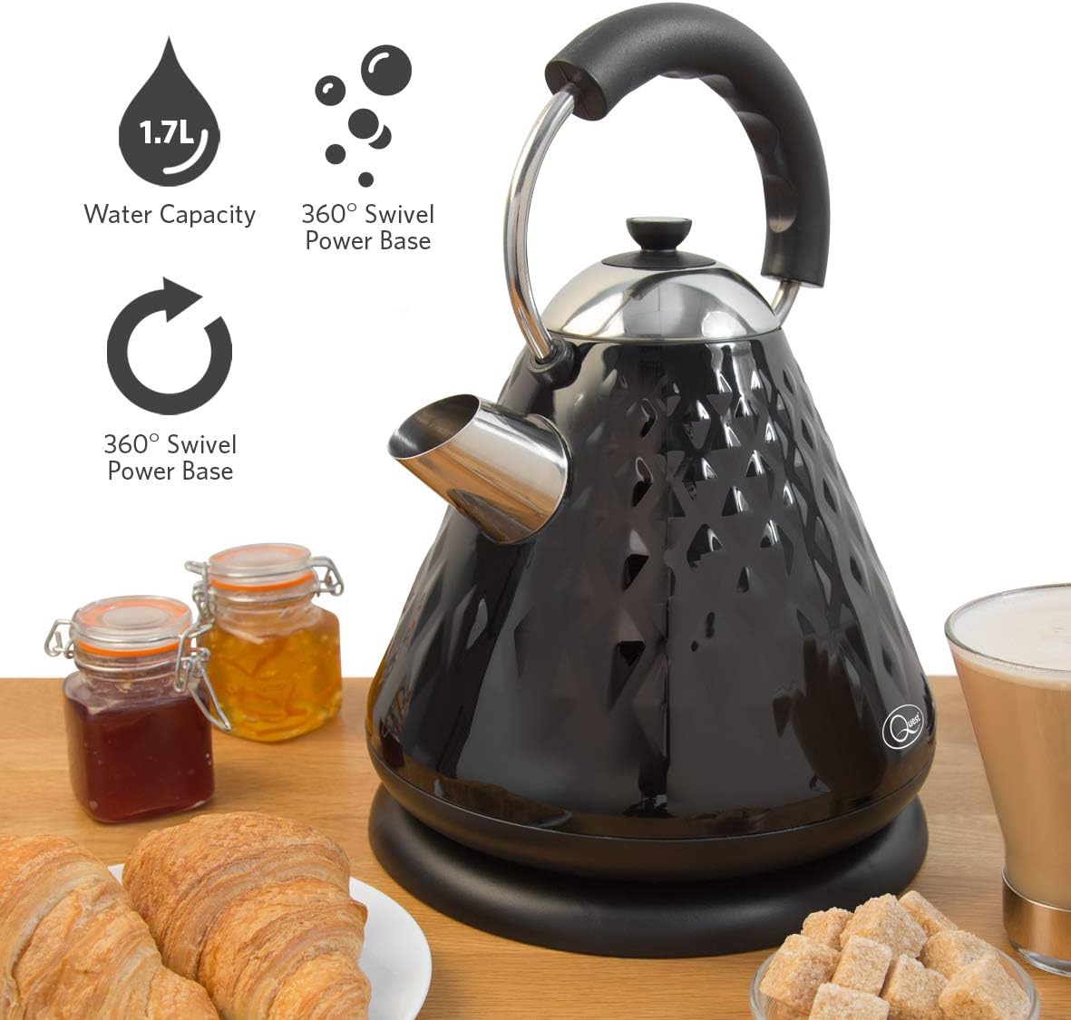 Quest 34560 Fast Boil Diamond Cut Pyramid Shape Cordless Kettle, 3000 W, 1.7 Litres, Black - Image 5