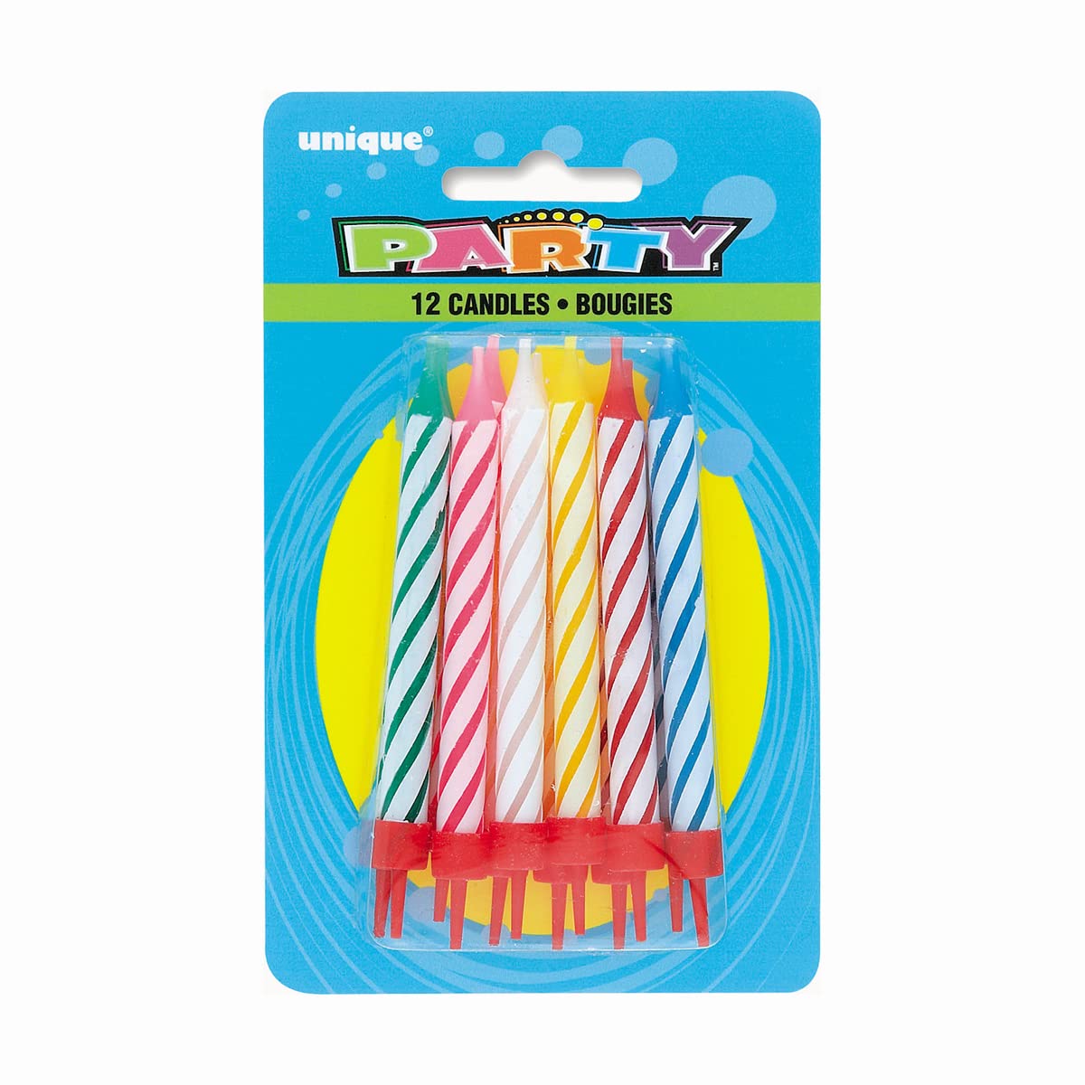 Unique Party 1940 - Striped Birthday Candles in Holders, Assorted Pack of 12