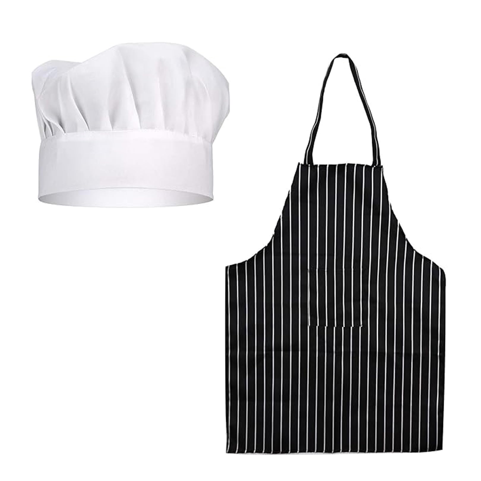 NAYAGOGO 2 PCS Apron and Chef Hat Set, White Chef Hat Black and White Stripped Apron, with Pockets Unisex Suitable, for Home Kitchen, Gardening, Cafes House