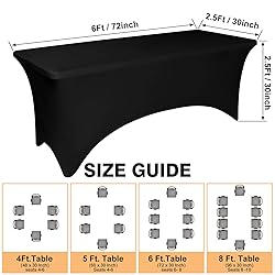 6 Pack 6 Feet Black Spandex Tablecloth for