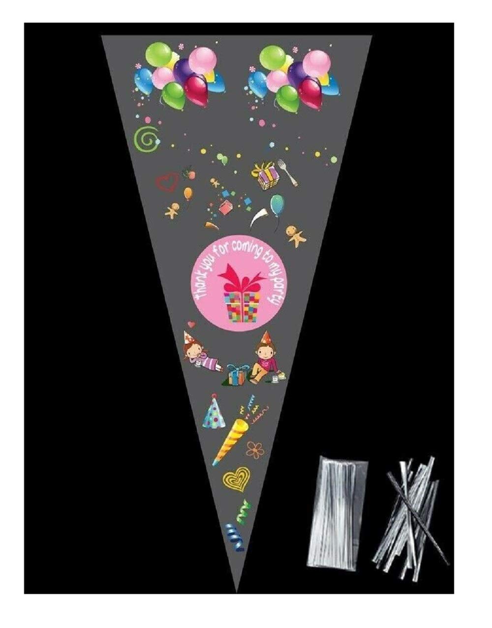 polybagstores PACK OF 50 - PINK THANK YOU FOR COMING TO MY PARTY - Unique Cellophane Cone Shape Sweet Party Bags 37cm x 18cm