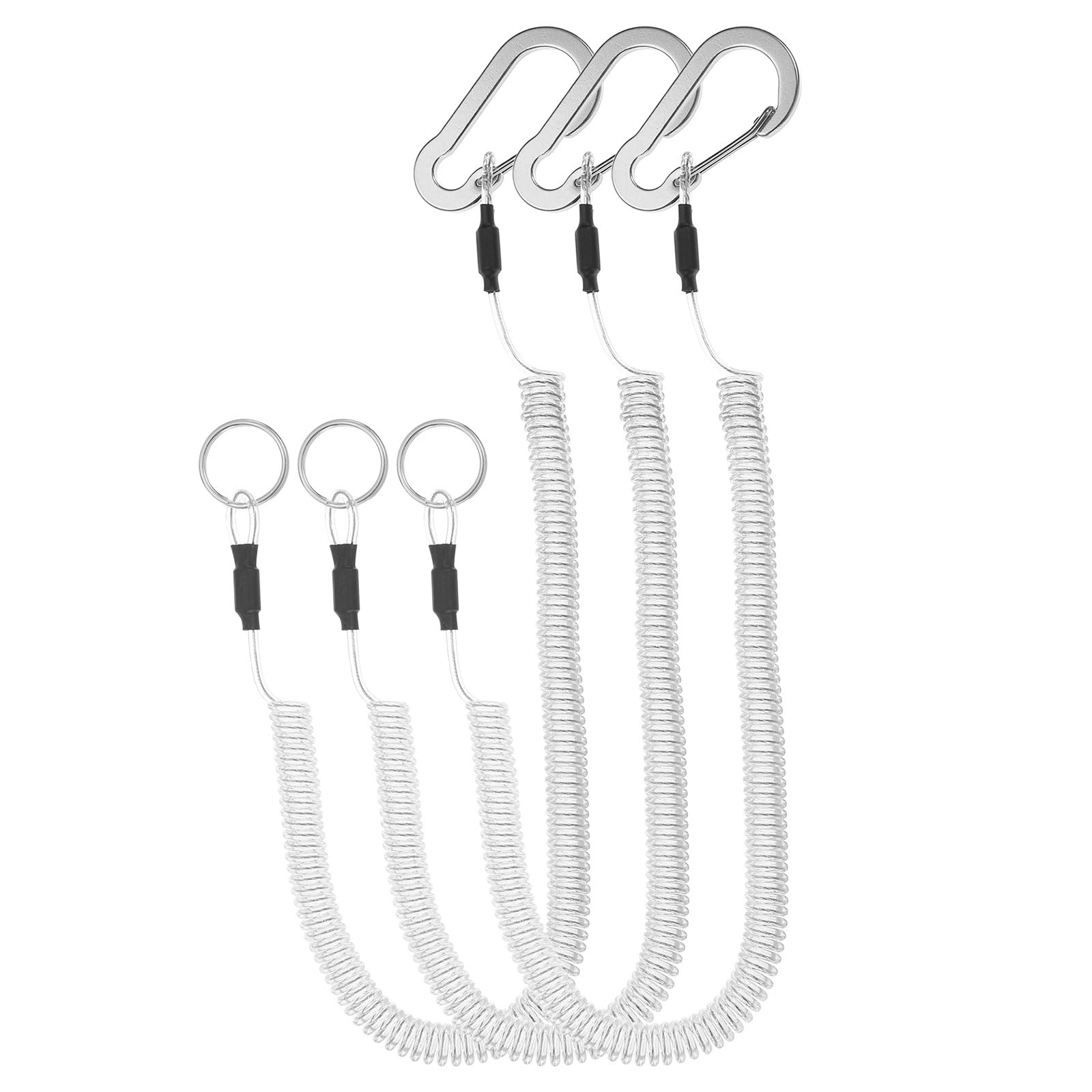 PATIKIL 3pcs Retractable Spring Coil Straps, 10" Spiral Stretchy Safety Lanyard Cord with Aluminium Clip and Key Ring for Fishing Kayak Climbing Boating Pliers, Clear
