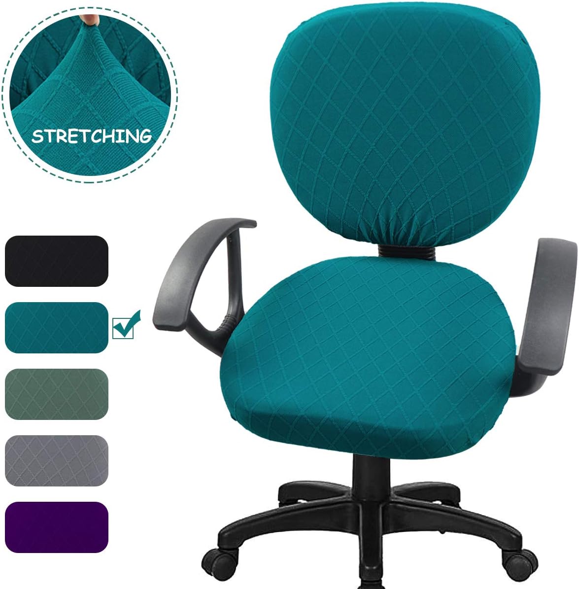 Office Chair Cover, Geometric Jacquard Soft Stretchable Office Computer Chair Square Round Cushion Seat Cover & Back Slipcover, T-Teal