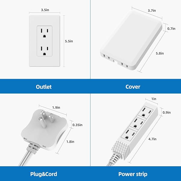 TIFFCOFIO FLAT PLUG EXTENSION CORD WITH OUTLET COVER, 3 FT 3 PRONG EXTENSION CORD, 3 GROUNDED OUTLETS FOR HOME AND KITCHEN, 13A/1675W, ETL LISTED