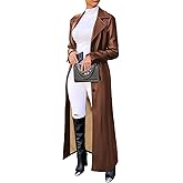 utcoco Womens Faux Leather Long Trench Coat Lapel Collar Button Down Maxi Overcoat Duster Jacket for Fall & Winter