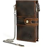 Handadsume Genuine Crazy Horse Leather Travel Gift Coin Pocket Card Case Long Organizer Chain Rfid Wallet Purse With Snap For Men Male 1803 1815 (1815 Brown)