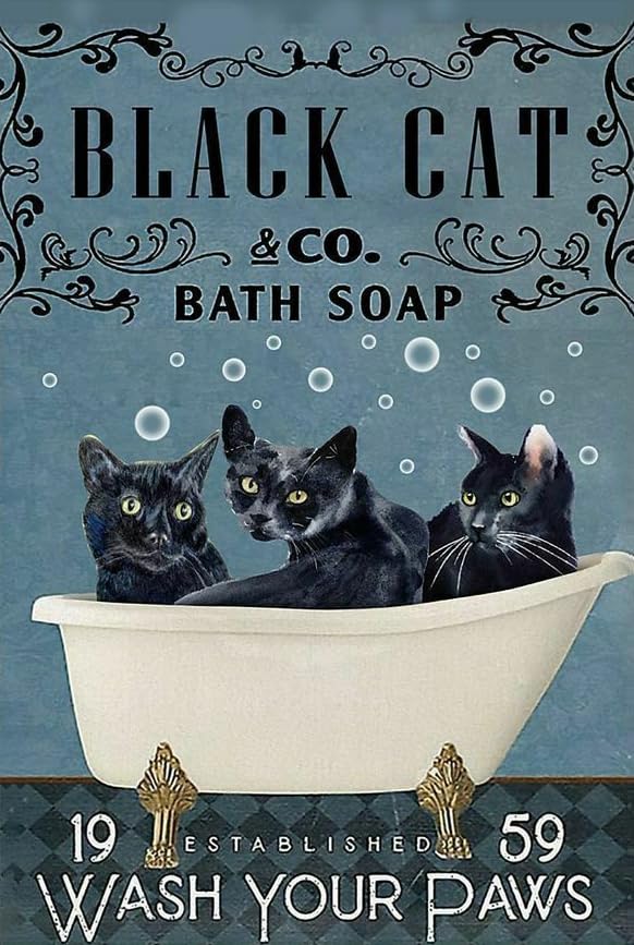 Bioprocess Vintage Black Cat Co Bath Soap Wash Your Paws Poster Art Print Decor Home Wall Art Decor Metal Sign Poster 8x12 inches