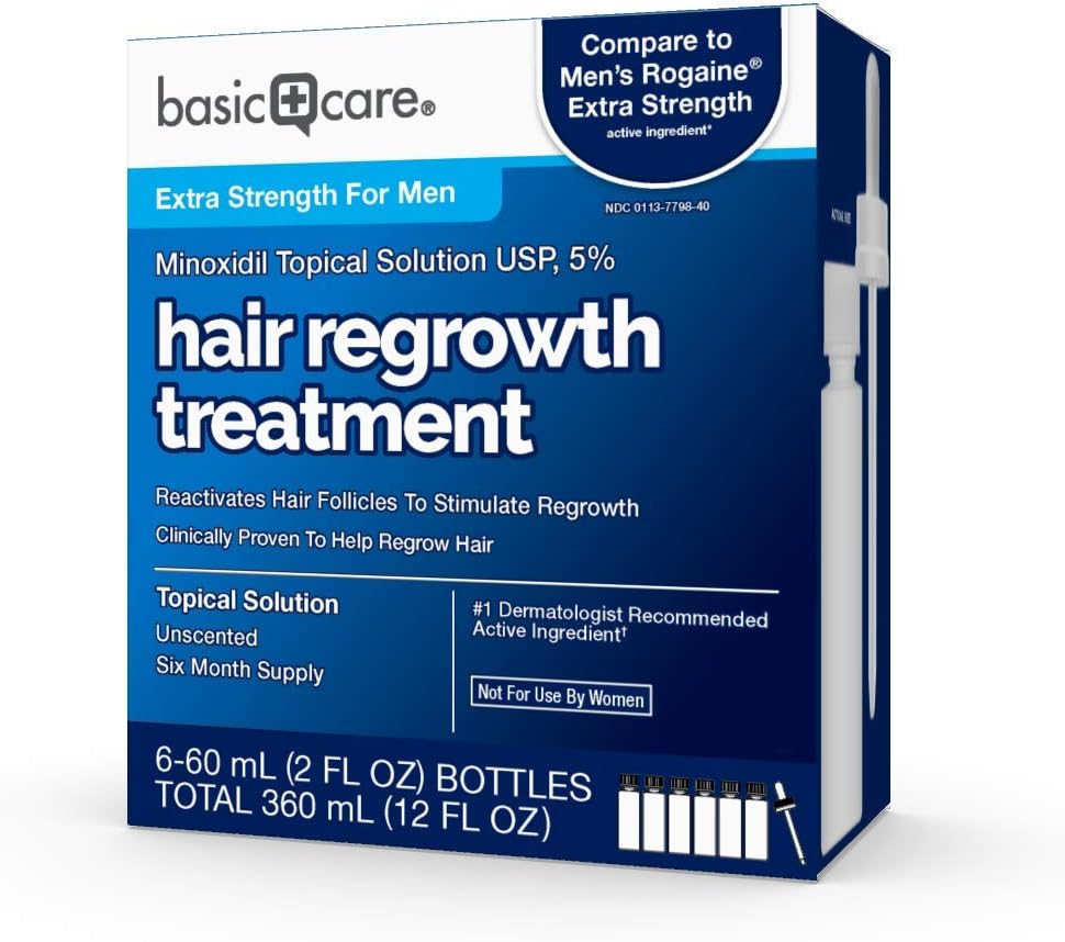  Basic Care Minoxidil Topical Solution USP, 5%, Hair Regrowth Treatment for Men, Extra Strength, 12 Fluid Ounces : Health & Personal Care