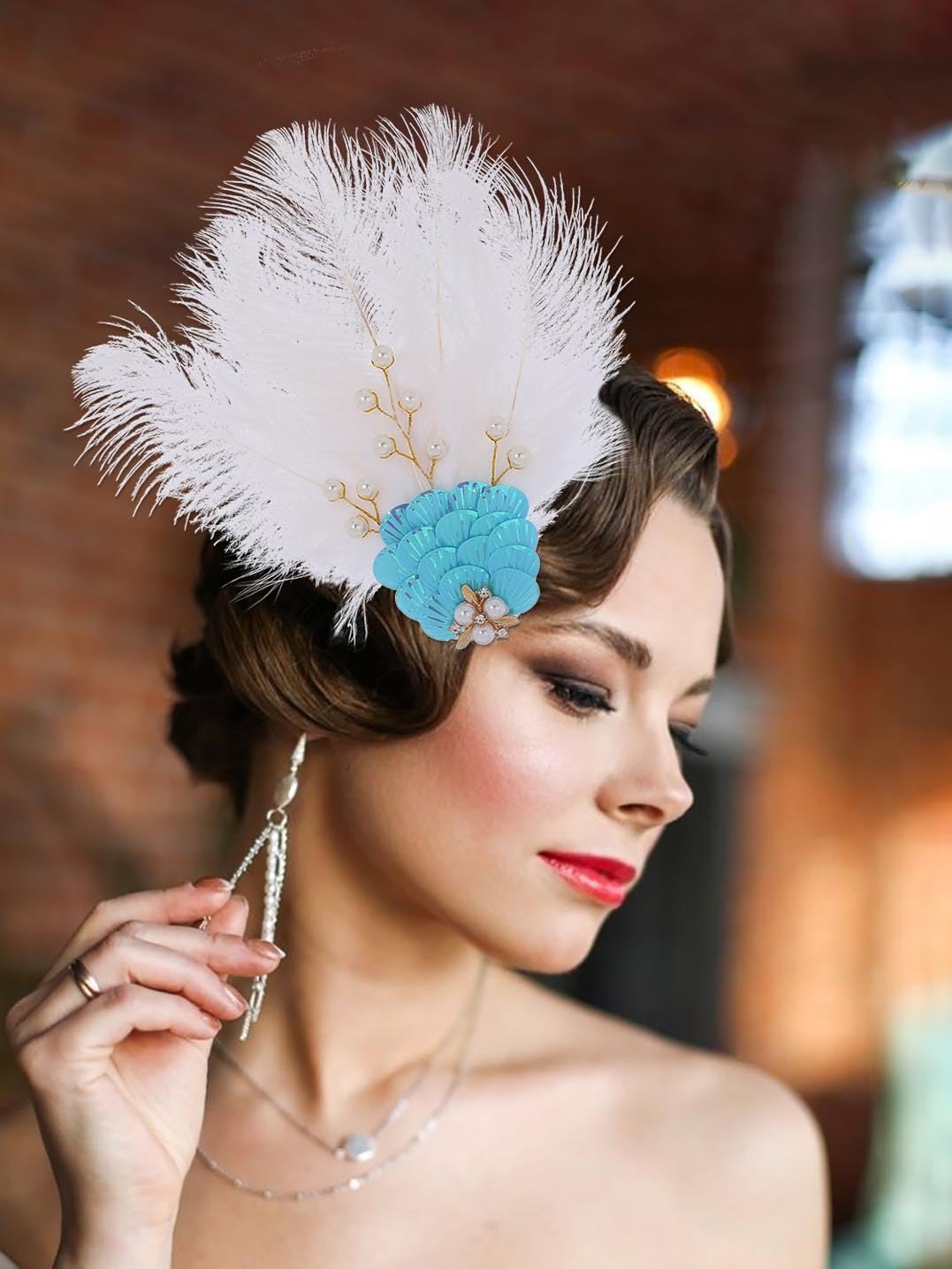 IYOU 1920s Great Gatsby Headpiece White Feather Flapper Hair Clips Pearl Festival Wedding Hair Accessories for Women and Girls