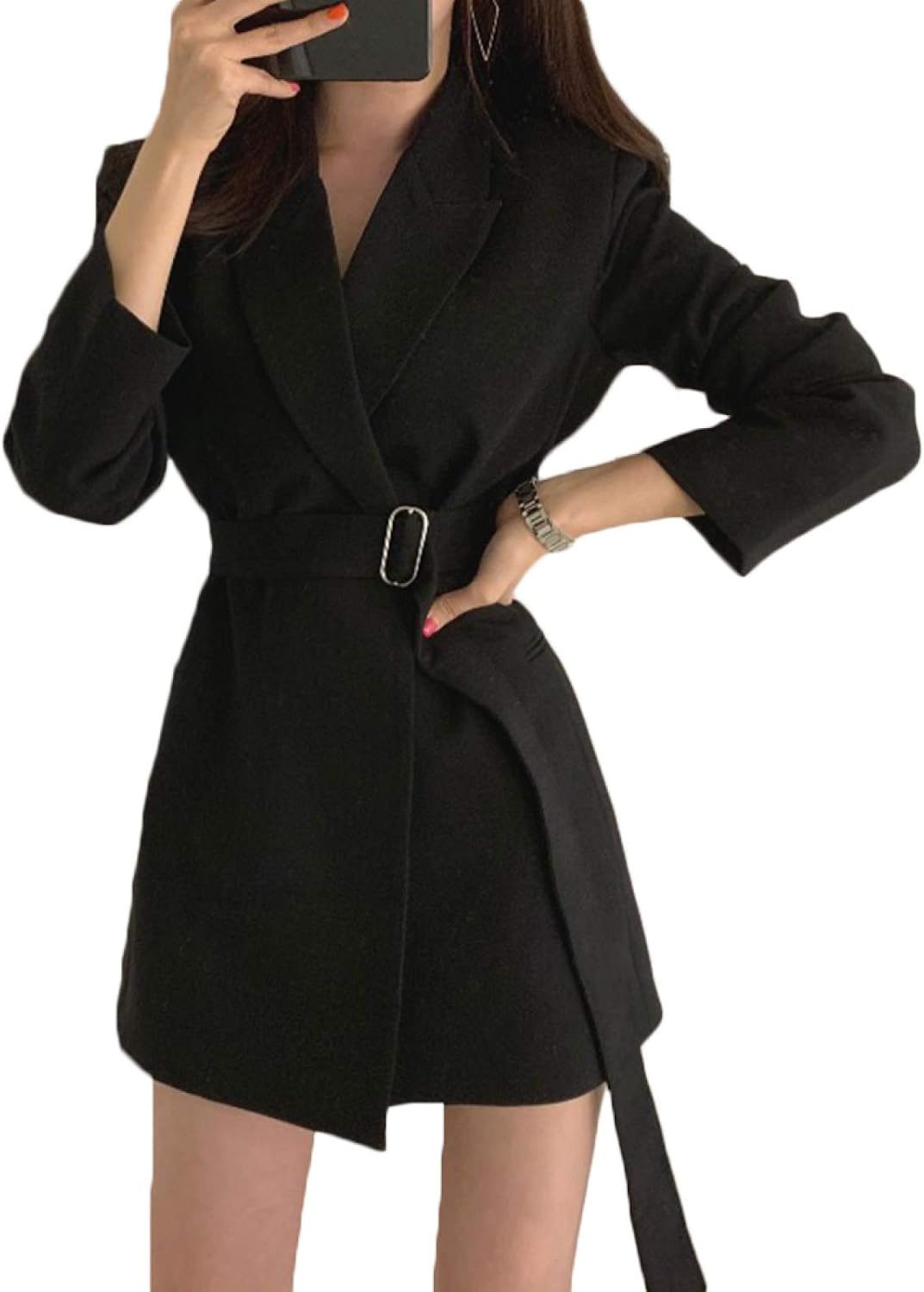 Women Casual Belted Blazer Dress Suit Long Sleeve Slim Business Jacket Cloak Overcoat Outwear