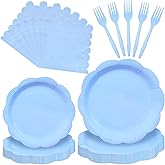 96 Pieces Light Blue Scalloped Tableware Set Party Supplies – Solid Color Disposable Dinnerware with Paper Plates, Napkins, and Forks for Baby Showers, Boys Birthday, Spring Celebrations – Serves 24