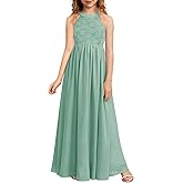 HOSIKA Girls Halter Neck Sleeveless Elegant Lace Chiffon A-line Long Flower Girl Dress for Wedding Party 6-12 Y