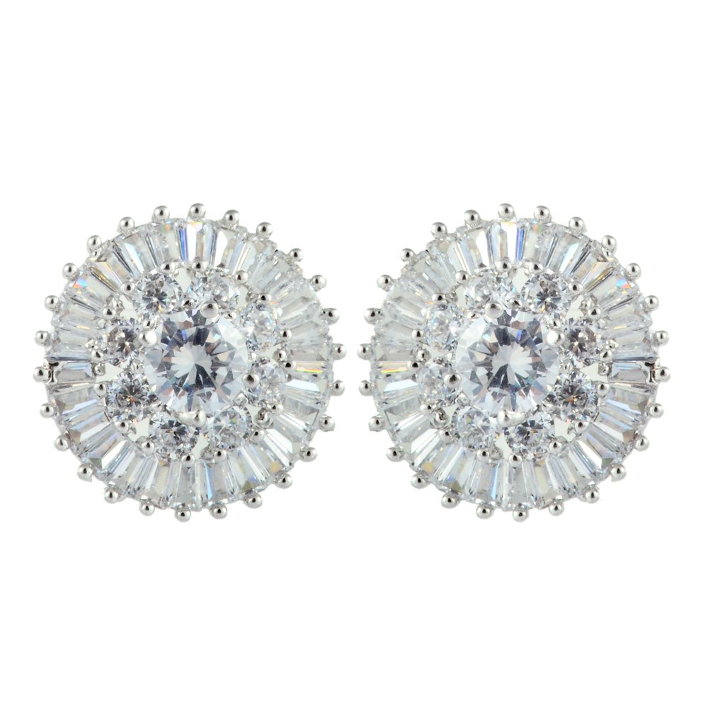 RIZILIA Cluster Stud Pierced Earrings with Round Cut Gemstones CZ [White Topaz] in 18K White Gold Plated, Simple Modern Elegance