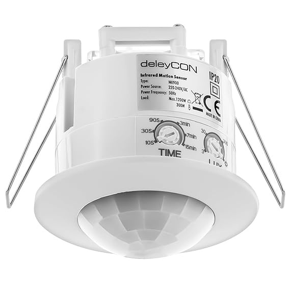 deleyCON Infrarot Bewegungsmelder Unterputz Deckenmontage Innenbereich Lichtsteuerung 360° Arbeitsfeld 6m Reichweite eingebau