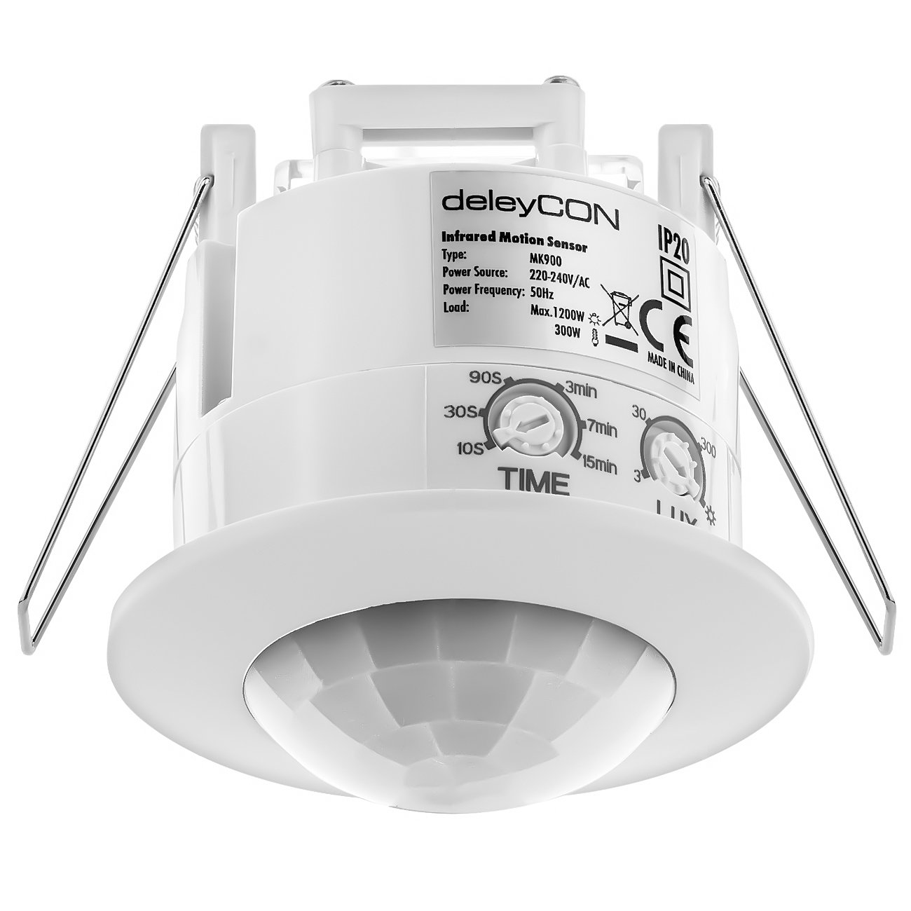 deleyCON Infrared Motion Detector, 360° Working Area, 6m Range, Built-In Light Sensor, White
