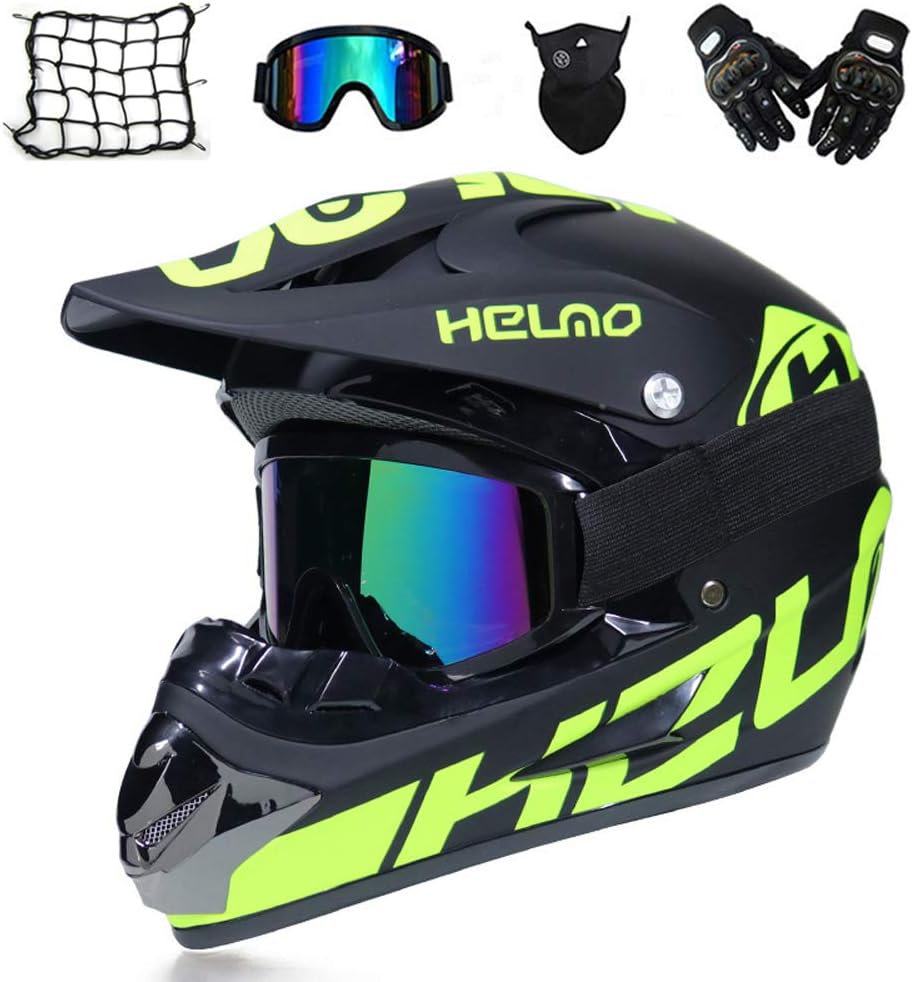 MRDEAR Motorcycle Motocross Helmet Adult Full Face MTB Helmet Set with Goggles Gloves Mask Helmet Net, Motorbike Crash Helmet for Downhill Off Road Quad Bike Protective Gear