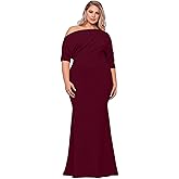 Betsy & Adam Women's Floor-Length, Asymmetrical Neck, Scuba Crepe Gown, Bordeaux, 14W