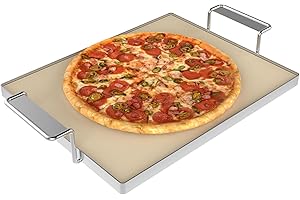 TAILGRILLER 15" x 12" Pizza Baking Stone for Oven and Grill, Ceramic Pizza Grilling Stone with Metal Handle Rack, Rectangular Baking Stone for Pizza, Bread, Pies and More
