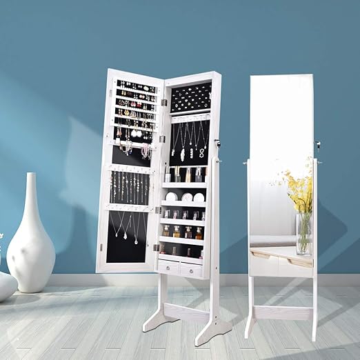 Amazon Com Zjlan Full Mirror Makeup Mirror Cabinet 2 Drawers 5 Layers Storage Cabinet Solid Wood Pattern Covered I Shaped Base Floor Jewelry Mirror Cabinet White Including Led Home Kitchen