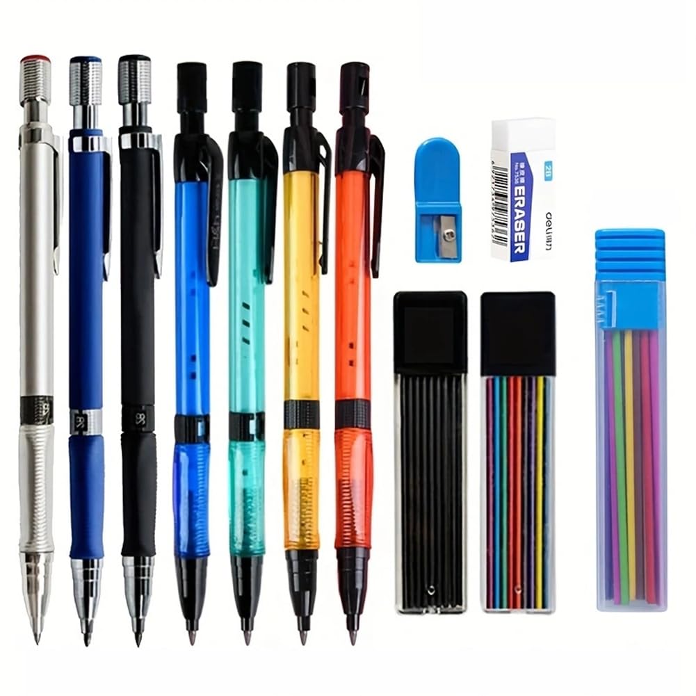 MROOFUL 7pcs Mechanical Pencil Set 2.0mm with 2B Black Colors Lead Refill for Writing Sketching Art Drawing Painting School Automatic Pencils