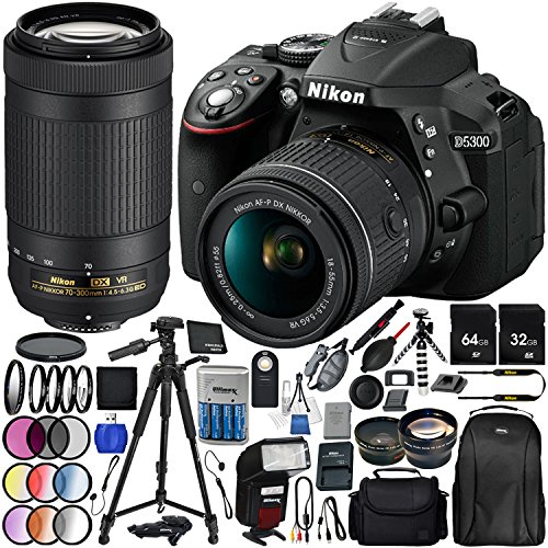 Nikon-D5300-with-AF-P-DX-18-55mm-f35-56G-VR-Nikon-AF-P-DX-70-300mm-f45-63G-ED-VR-25PC-Accessory-Bundle-Includes-64GB-32GB-SD-Memory-Card-72-Tripod-Automatic-Flash-w-LED-Light-MORE
