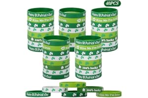 TRWWELL 40pcs St. Patrick's Day Rubber Bracelets Silicone Wristbands Green Shamrock Irish Stretchy Silicone Bracelet for Women Men School Party Favors Supplies Decoration