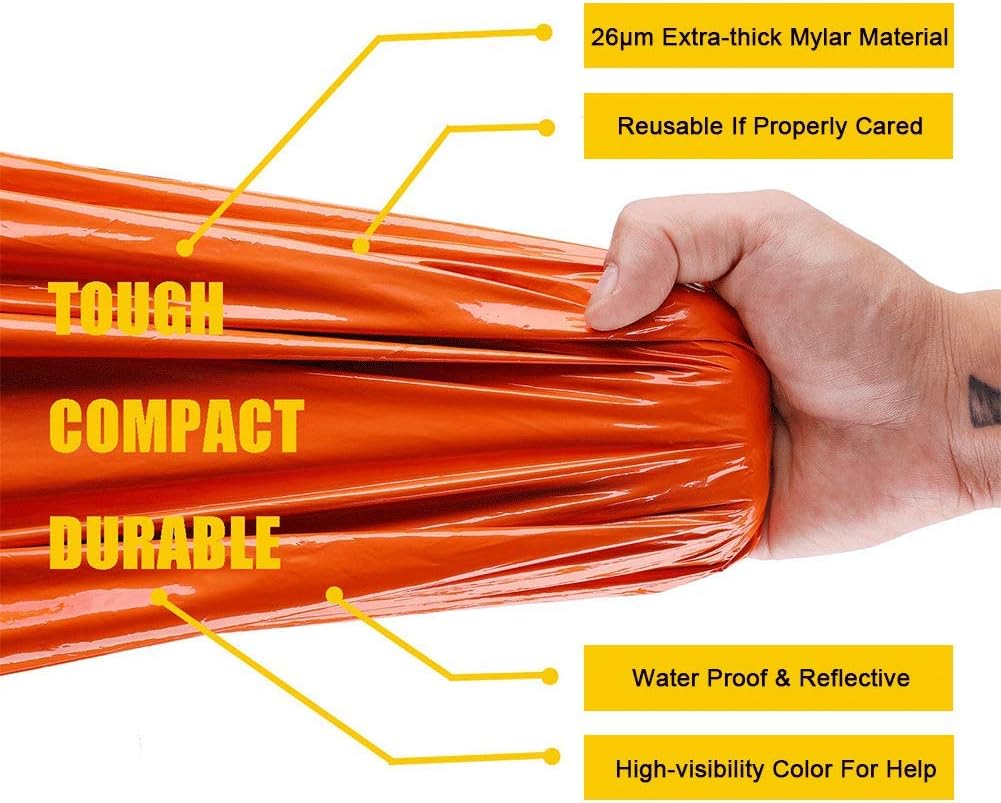 AMOYON Emergency Bivy Sack, Survival Sleeping Bag Emergency Blanket Lightweight and Compact Survival Gear for Outdoor, Hiking, Camping with Portable Drawstring Bag + Whistle + Carabiner(orange-one pack) : Sports & Outdoors
