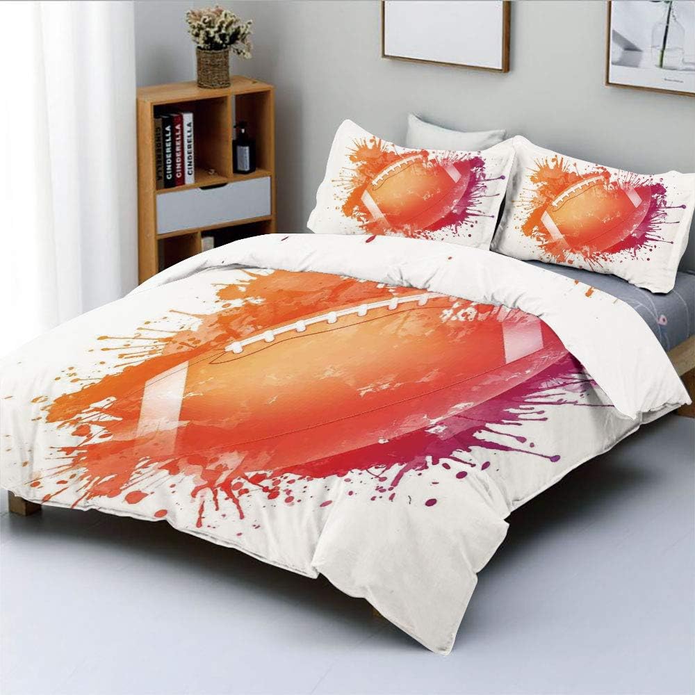 Duplex Print Duvet Cover Set Queen Size,Rugby Ball in Digital Watercolors Splash Recreational Leisure Sports Run DesignDecorative 3 Piece Bedding Set with 2 Pillow Sham,Orange Red,Best Gift For Kids &