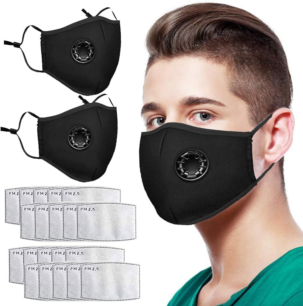 Reusable Face Bandanas, with Breathing valve for Adults, Haze Dust Face Health Protection (2pcs+20pcs Pad, Black)