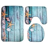 Moolecole Beach Seashells Starfish Sand Bath Mat Holidays Summer Bathroom Carpet Rug Non-Slip 3 Piece Toilet Mat Set Starfish Floor