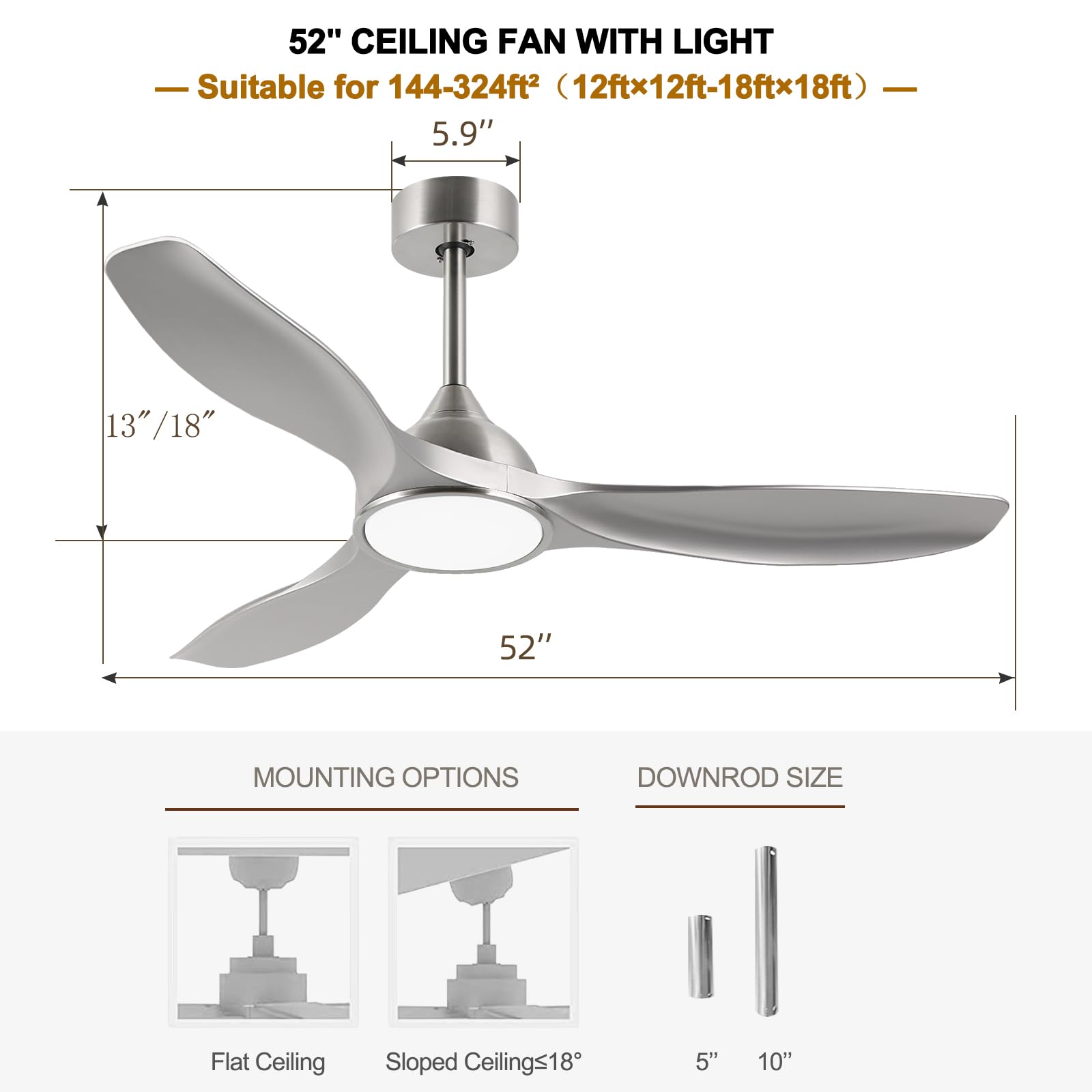 52 Inch Quiet DC Motor 6 Speed High CFM Modern Ceiling Fan with Lights Remote Control, 3 Blade Indoor Silver Ceiling Fan for Bedroom, Office, Living Room