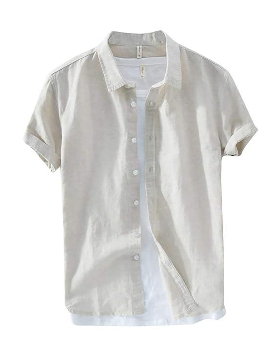 Herren Männer Lässig Kurzarm Leinen Hemden Sommer Beach Shirts