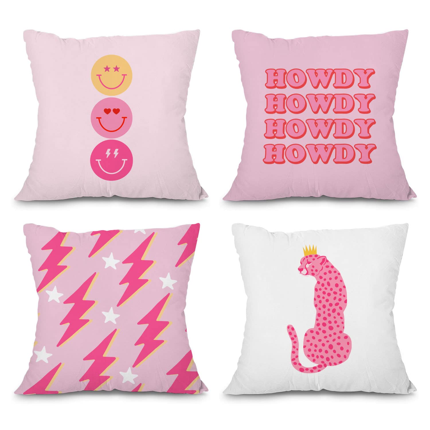 heilkee Preppy Throw Pillow Covers Set of 4 Decorative Soft Pillowcase Hot Pink Preppy Room Decor Aesthetic Cute Square Cushion Case for Sofa Girls Bedroom,18x18 Inches