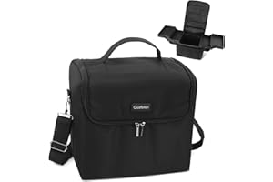 QUAFEREN Makeup Travel Train Case, Large Makeup Nail Polish Organizer Bag, 4 Tier Professional Makeup Bag Storage Box Cosmetic Train Case with Straps Pockets Luggage Belt for Nail Tools Makeup Brushes Black