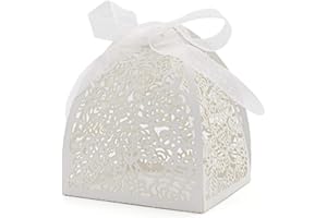 KPOSIYA Pack of 100 Laser Cut Rose Candy Boxes, Favor Boxes 2.5"x 2.5"x 3.1", Gift Boxes Bridal Shower Anniverary Birthday Party Wedding Favor (100,White)