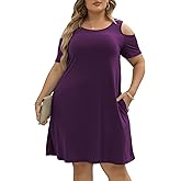Nemidor Plus Size Dresses for Curvy Women Summer Casual Cold Shoulder T-Shirt Swing Short Sleeve Mini Dress with Pockets