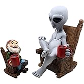 BELLA HAUS DESIGN Andre' & Fritz | Celebrating Friendship with a Morning Cup of Coffee | Whimsical Extraterrestrial Outdoor Decor | Garden Statue 2pc Resin Set 6.25”/ 3.50” Tall (Coffee with Friends)