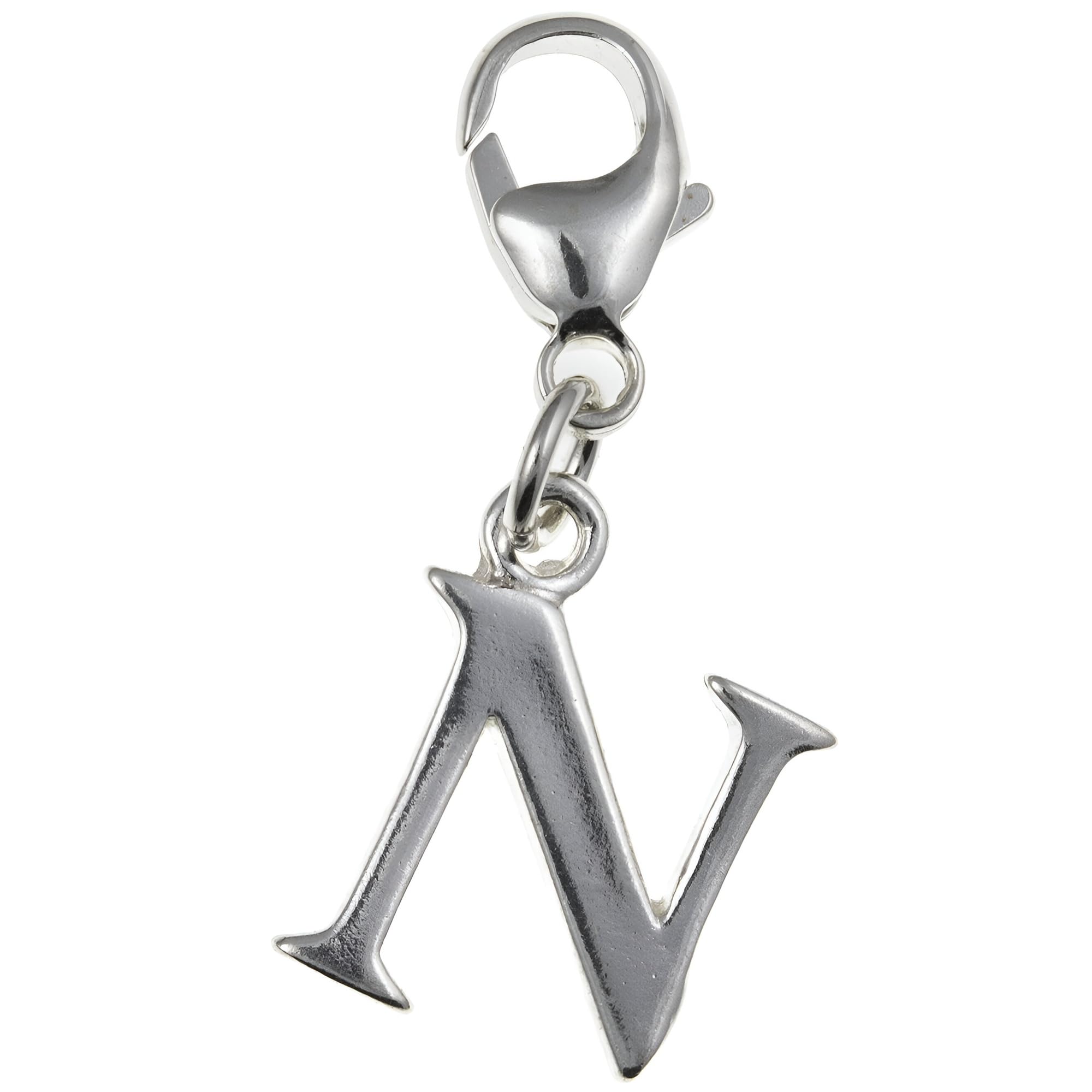 Capital Letter N Alphabet Initial 925 Sterling Silver Clip On Charm Pendant with Lobster Clasp for Women - Plain Polished Letter Charms Compatible with Thomas Sabo Charms Bracelet Necklace
