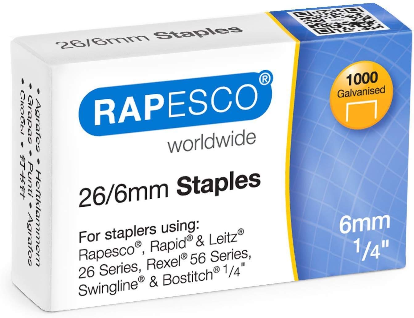 Rapesco Pack of 5 Boxes of 1000 Galvanised Staples 26/6 mm