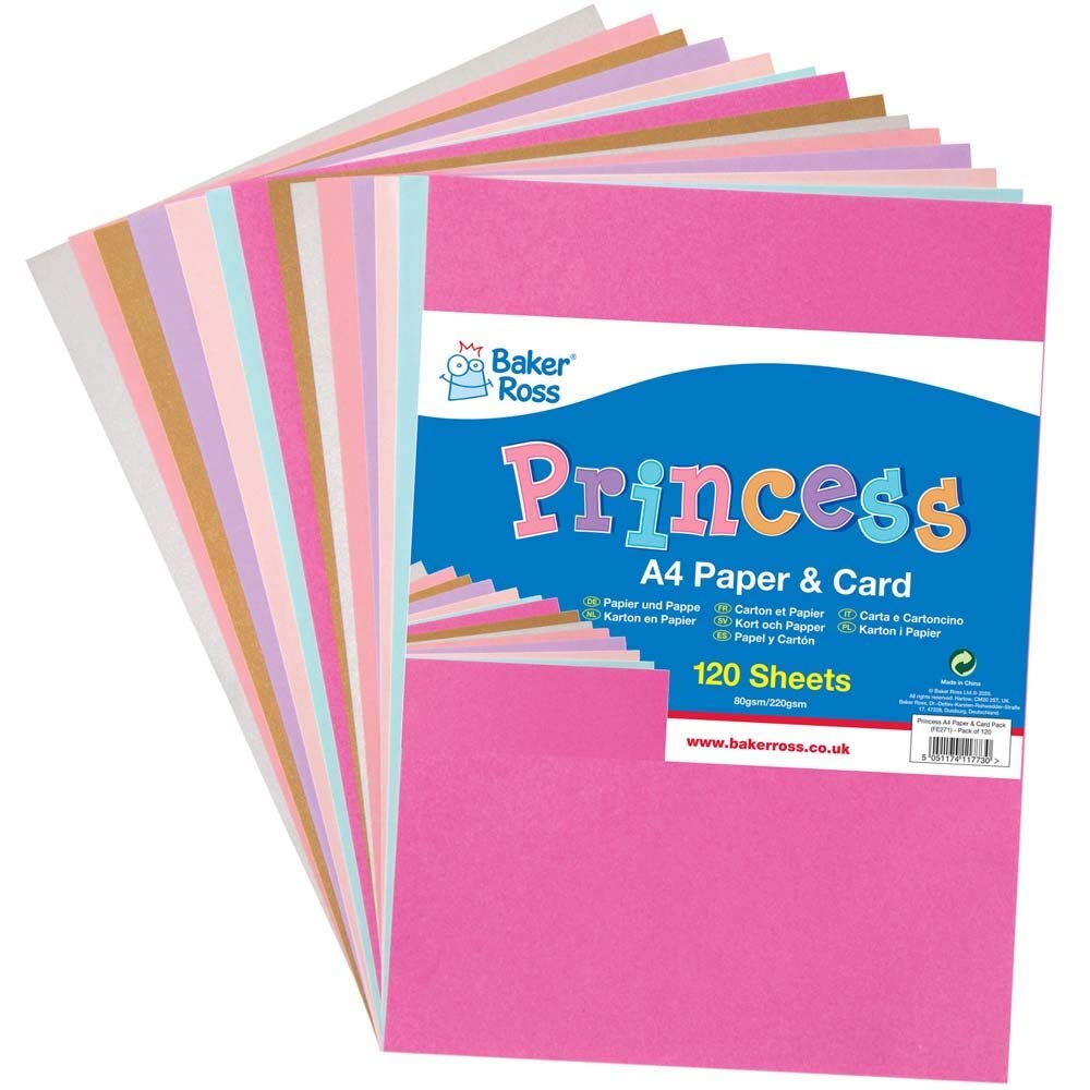 Baker Ross FE271 Princess A4 Paper & Card Pack - Pack of 120, Coloured Art Supplies for Kids Craft Making Activities, Princess