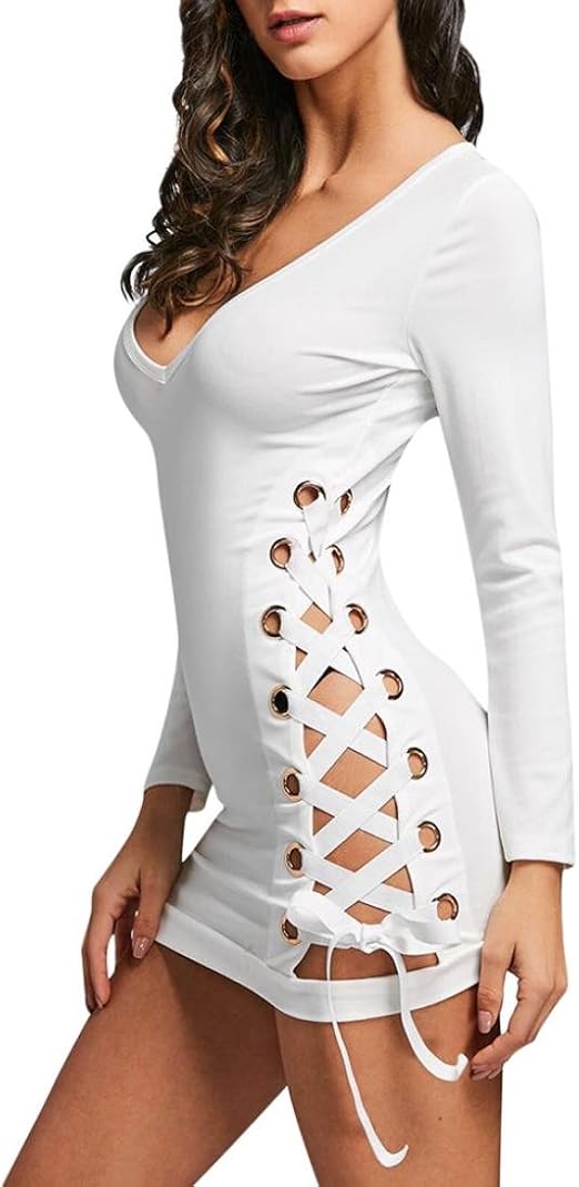 white long sleeve deep v neck bodycon dress