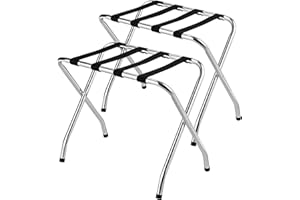 ERERBOOM MAT EXPERT Folding Luggage Rack, No Assembly Required, 180lbs Capacity Luggage Holder w/ Nylon Straps & Non-slip Footpads, Chrome Suitcase Stand for Guest Room Home Bedroom Hotel, Set of 2, Silver