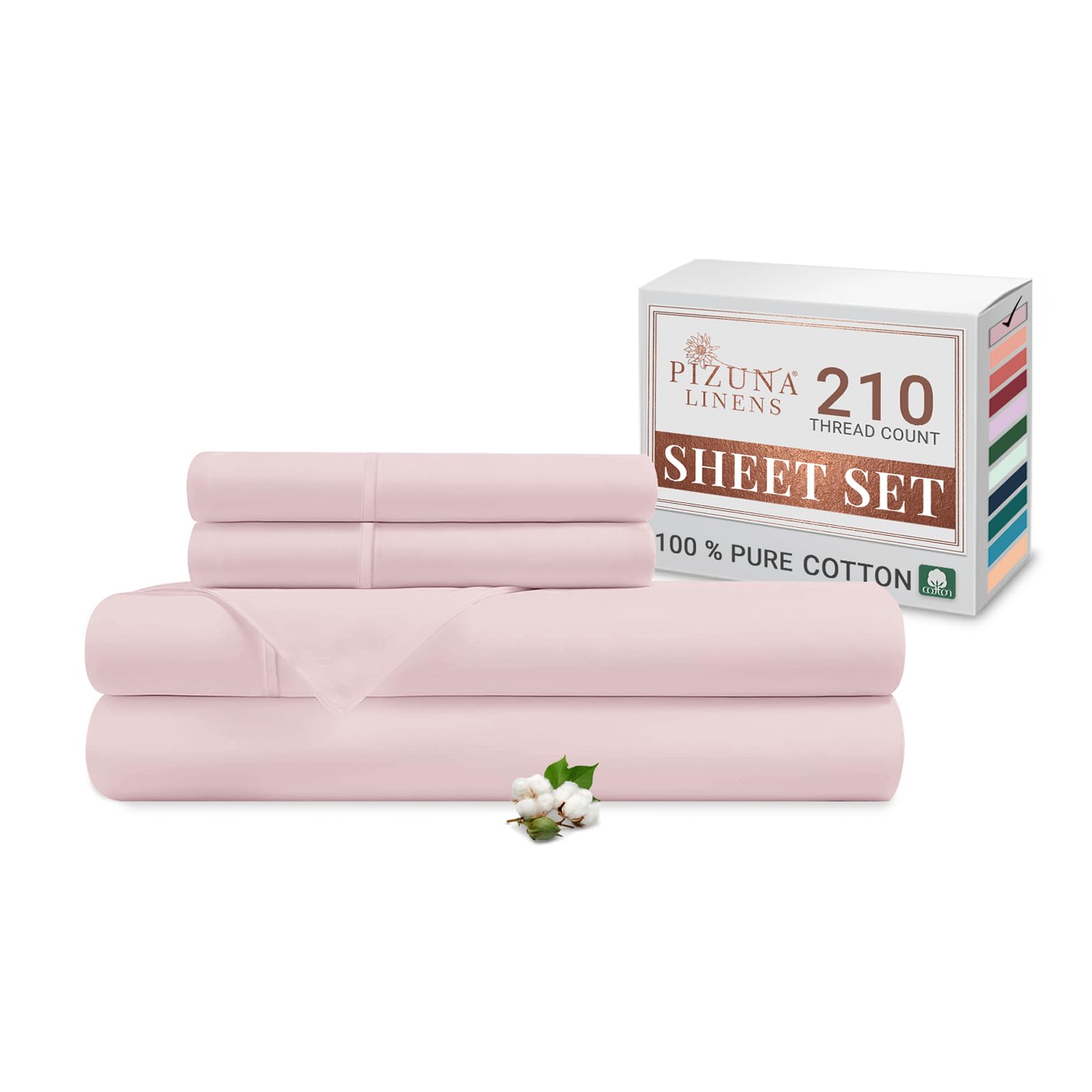 Pizuna Cotton Percale King Size Sheet Set Light Pink, 100% Long Staple Combed Cotton Bedding Set 275x280 cm, Soft Percale 4 PC King Bed Sheet Set -Fitted Sheet, Flat Sheet & 2 Pillowcases