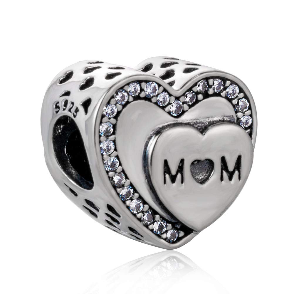 Mom Charm 925 Sterling Silver Heart Charm Love Charm Family Charm Anniversary Charm Thanksgiving Charm for Pandora Charm Bracelet (F)