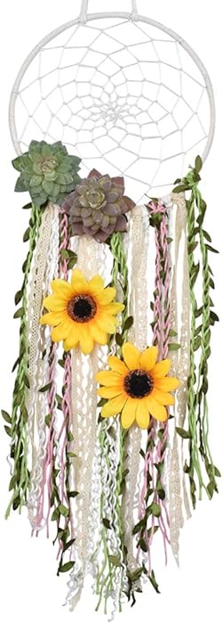 DrCor Sunflower Dream Catcher for Teens Girls Bedroom Nursery Boho Floral Handmade Dreamcatcher Greenery Wall Hanging Decor for Kids Room (Green)
