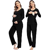 SWOMOG Women Maternity Pajama Set Nursing Pjs Double Layer Long Sleeve Top & Pants Breastfeeding Pregnancy Set with Pockets