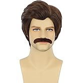 karlery Men Short Brown Wig Mustache Wig 70’s 80’s Theme Party Wig Halloween Cosplay Costume Wig