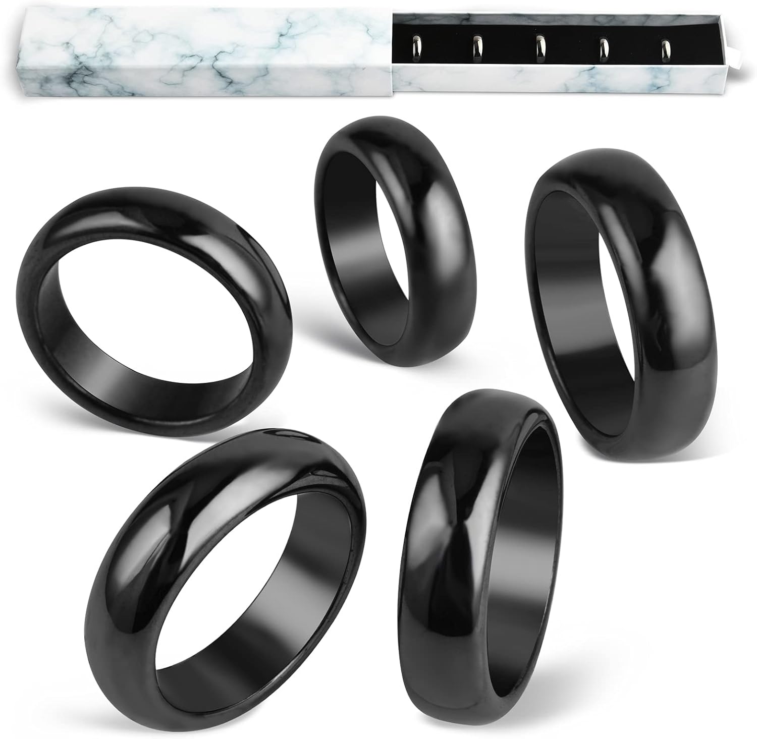 5Pcs Hematite Magnetic Plain Band Rings, Break with Negative Energy, Genuine Hematite Ring for Women Men Benefit to Anxiety Balance Assorted Size 6-10: Clothing